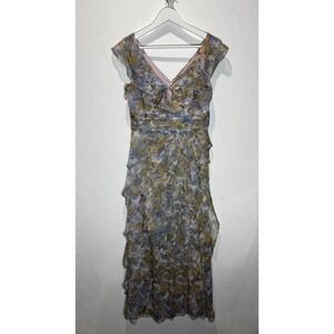 Adrianna Papell Occasions Floral Ruffle Gown Blue Green Watercolor Dress 6P